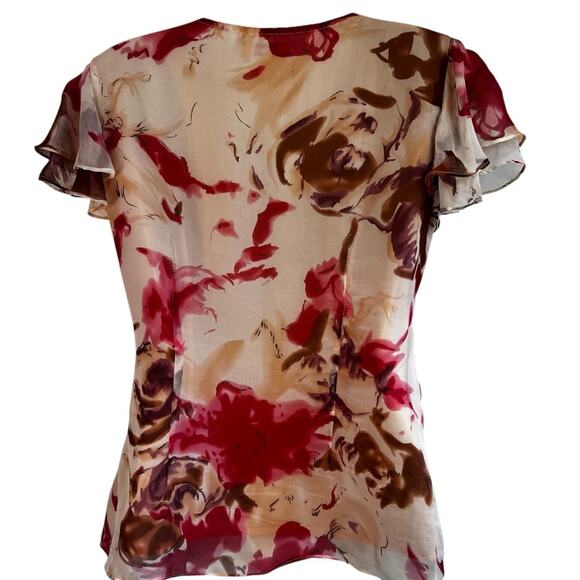 Sundance Silk Y2K Cream & Pink Floral Vneck Top, Size 2, Flutter Sleeves, Fitted - Picture 4 of 10